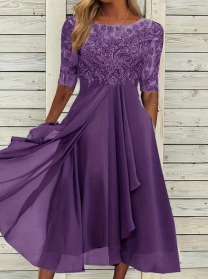 Women's Lace Chiffon Wedding Guest Midi Dress