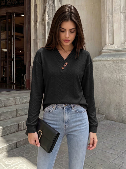 Women's Casual V-Neck Button Long Sleeve Loose Tunic Top