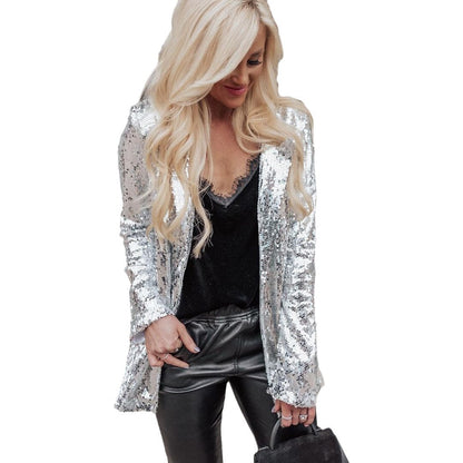 Women's Sequin Blazer Long Sleeve Zip Up Slim Jacket