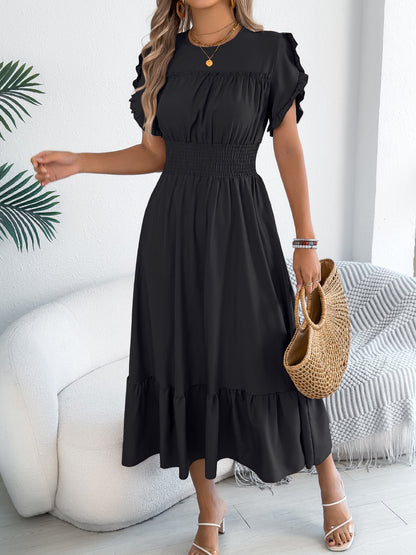 Ruffle Sleeve Smocked Waist Maxi Dress Casual Flowy