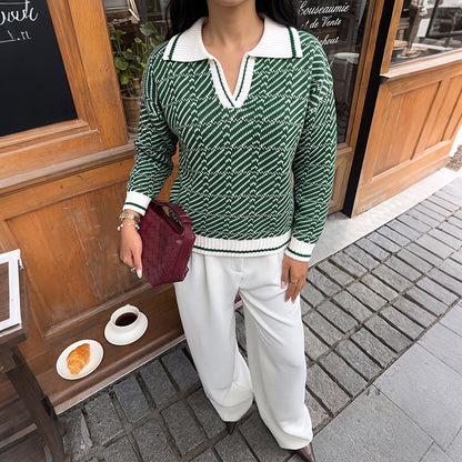 Contrast Polo Collar Abstract Knit Pullover Sweater