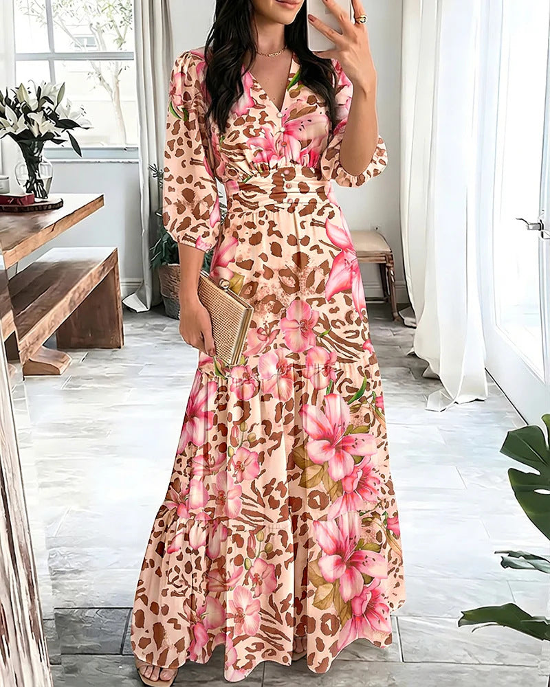 Floral Chiffon Maxi Dress V-Neck 3/4 Sleeve Smocked Tiered