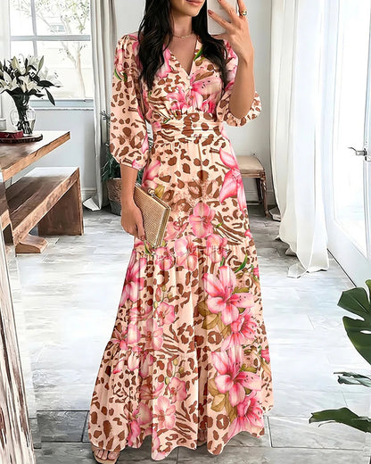 Floral Chiffon Maxi Dress V-Neck 3/4 Sleeve Smocked Tiered