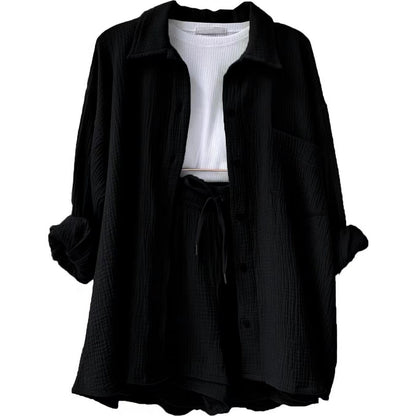Women's Textured Shirt & Drawstring Shorts Matching Set