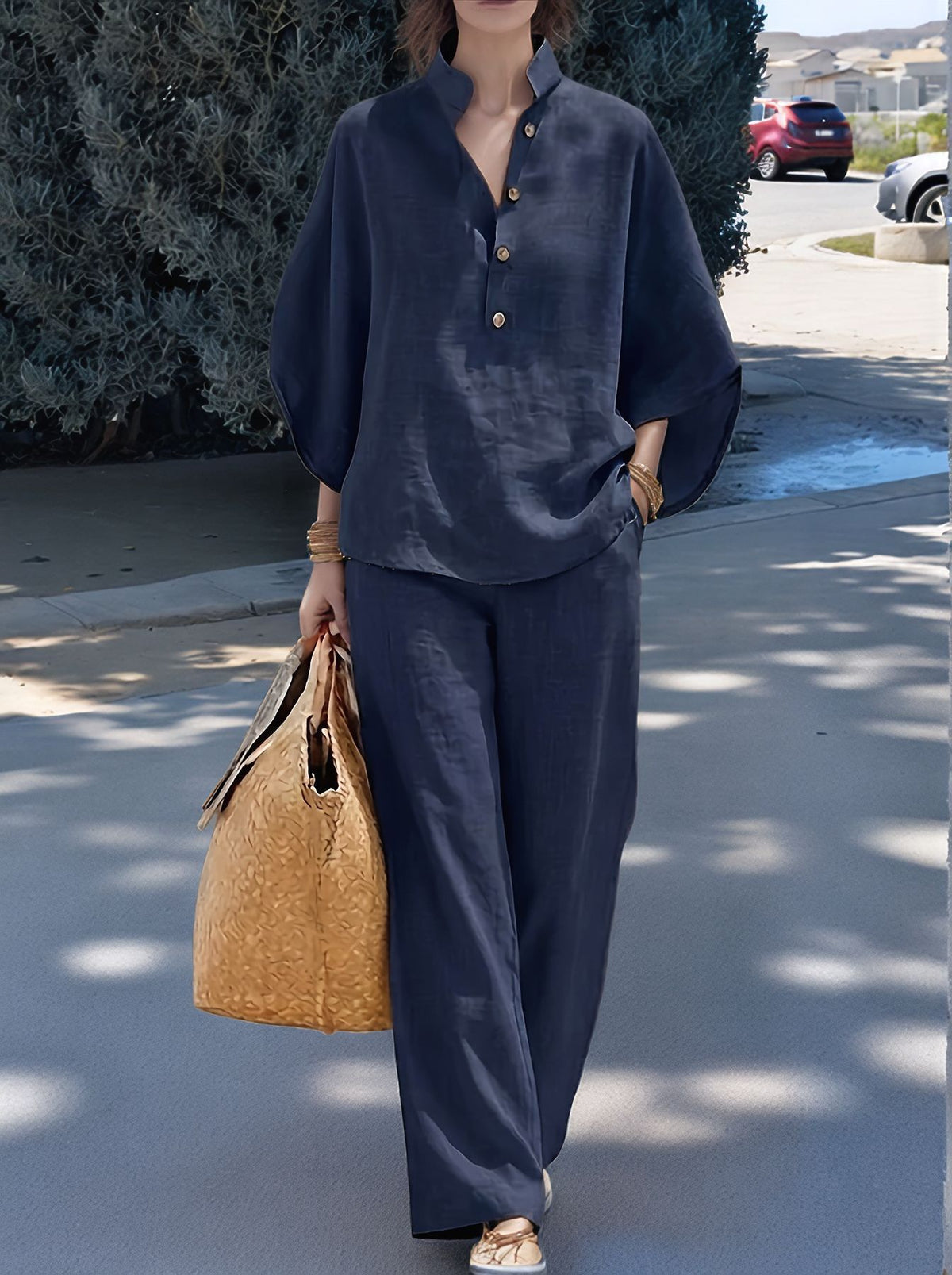 Women's Casual Two Piece Collared Shirt Wide Leg Pants Set