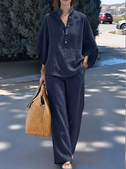 Women's Casual Two Piece Collared Shirt Wide Leg Pants Set
