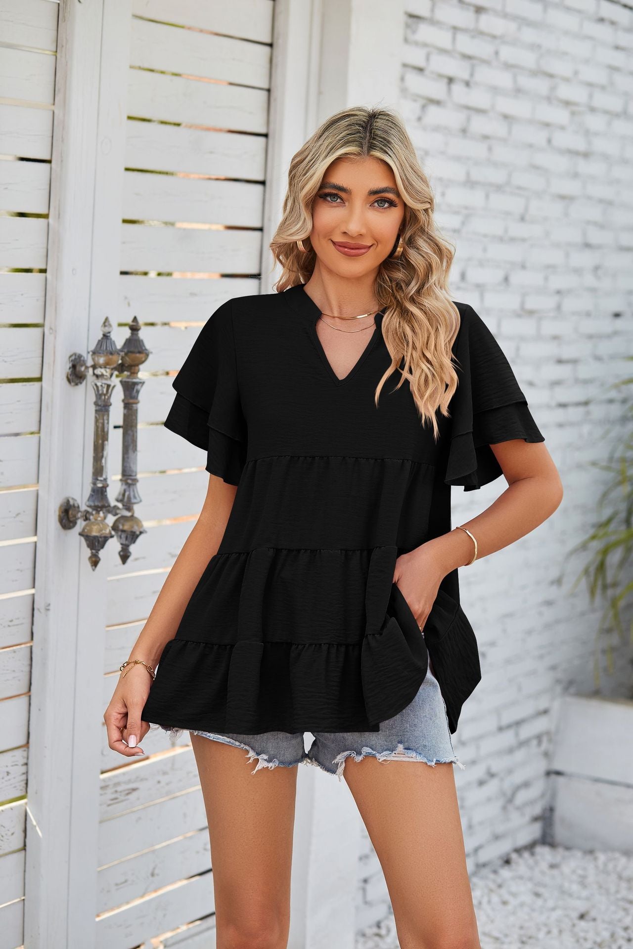 V-Neck Double-Sleeve Sweet Doll Shirt