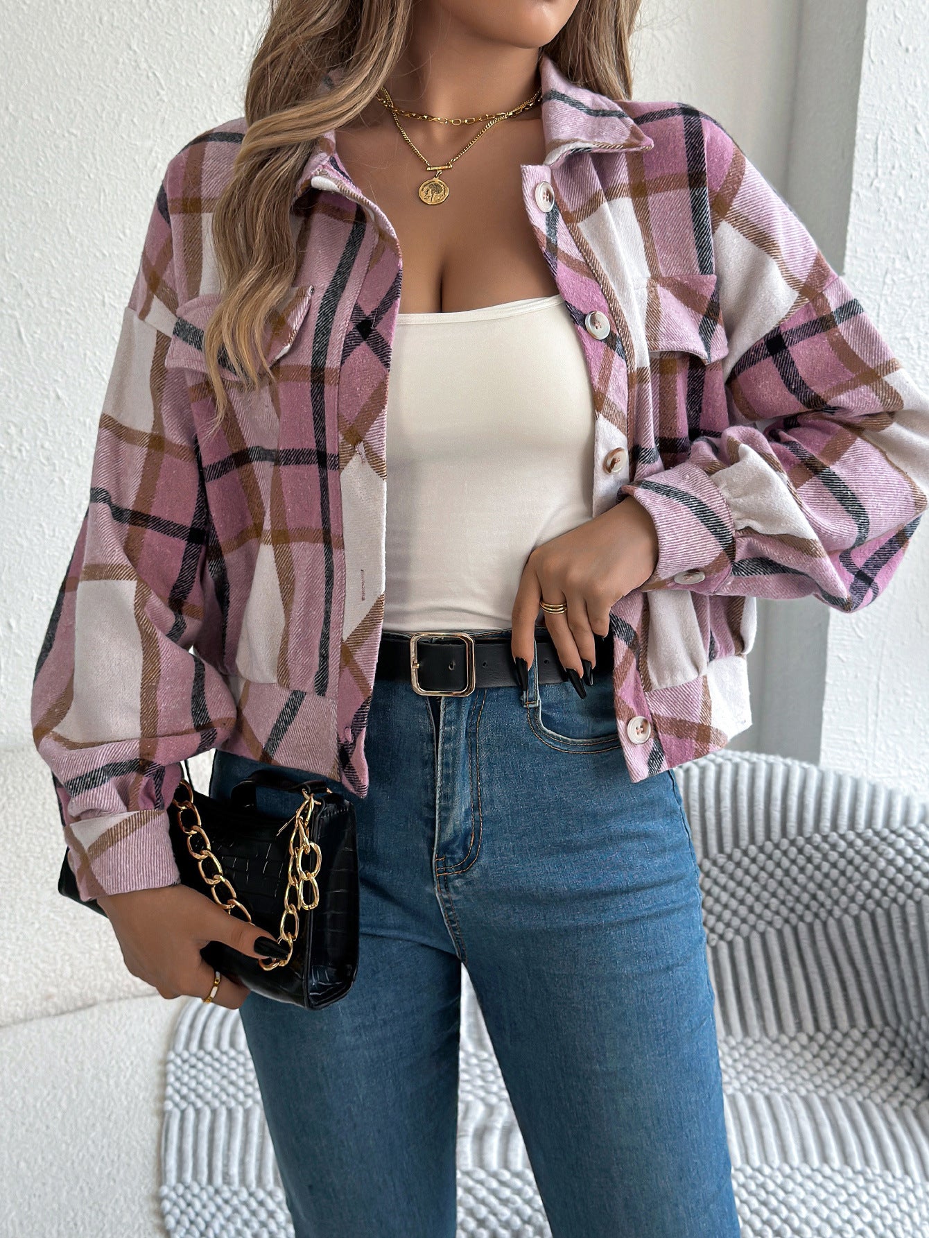 Plaid Button Front Long Sleeve Casual Jacket Coat