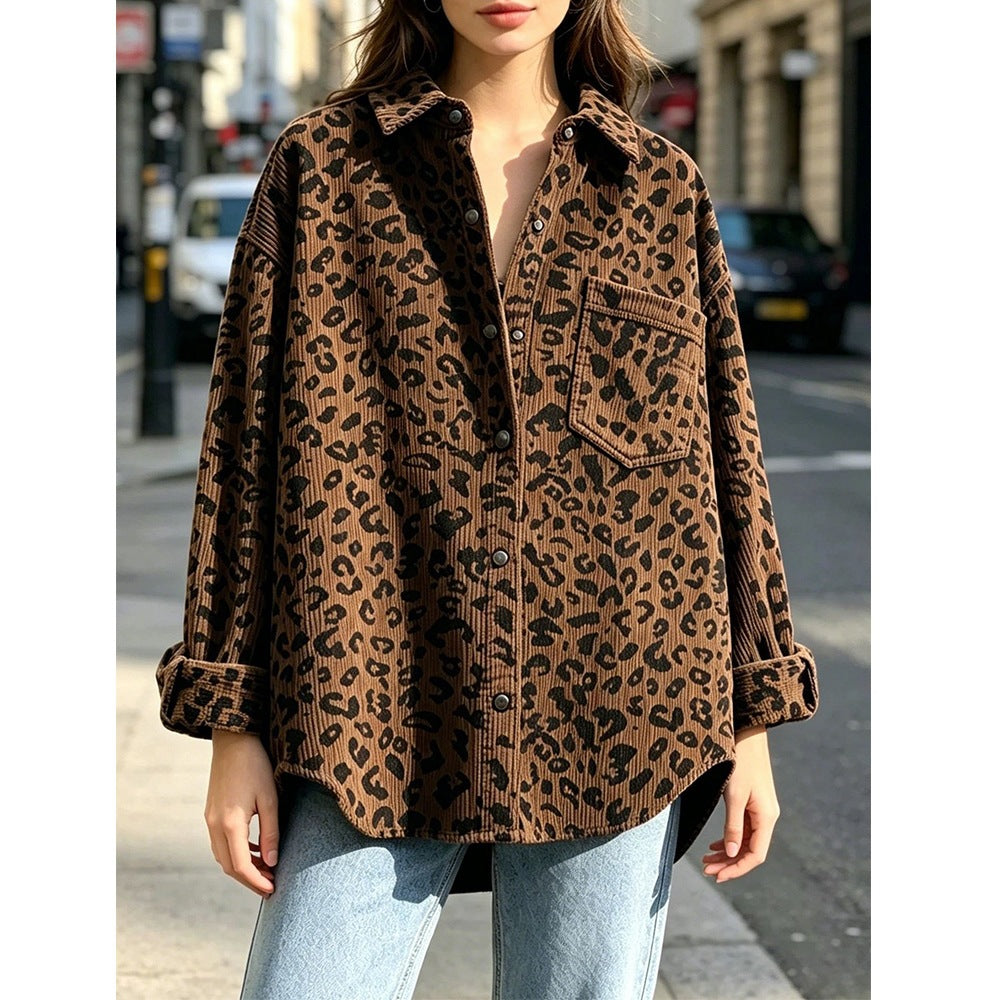 Leopard Print Corduroy Oversized Button Up Shirt