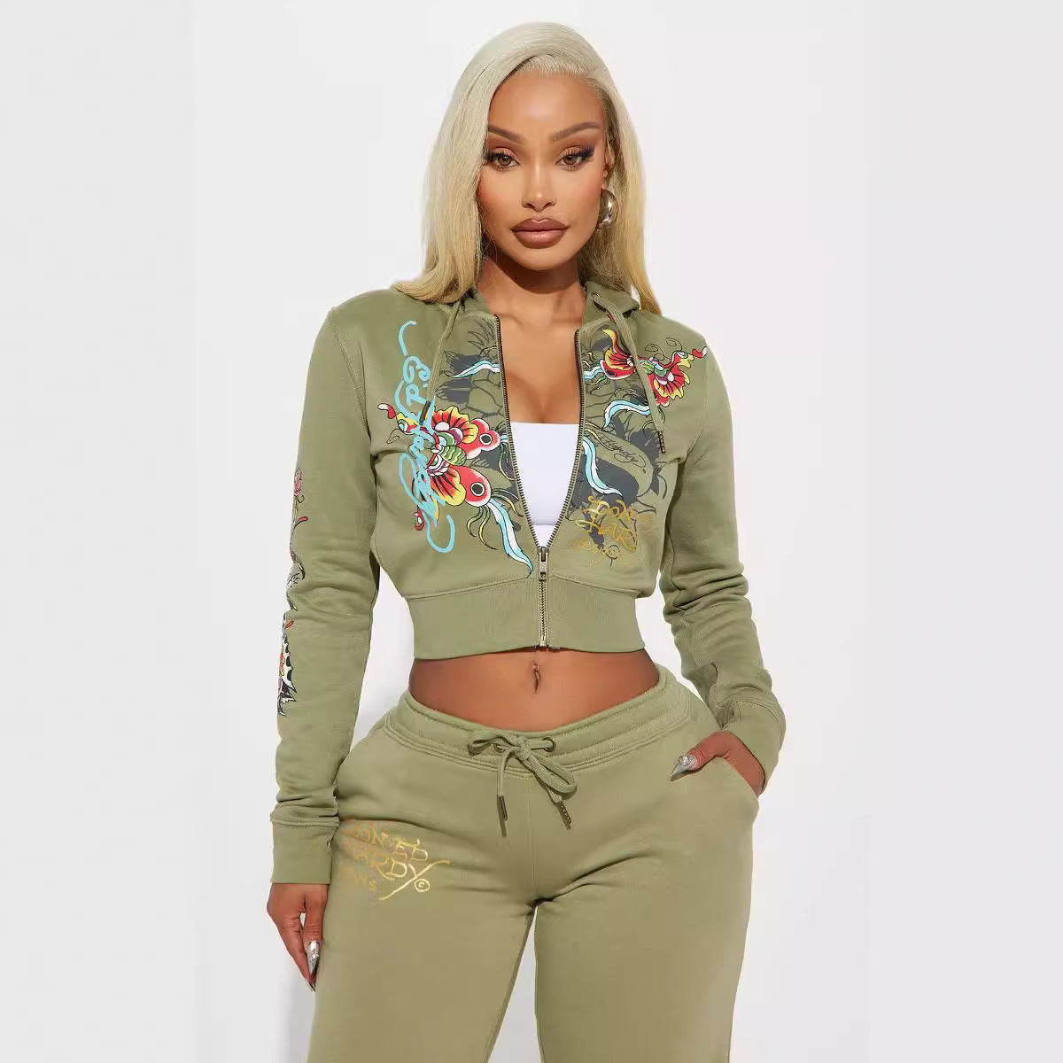 Olive Floral Hoodie Sweatpants 2PC Set