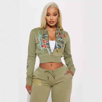 Olive Floral Hoodie Sweatpants 2PC Set