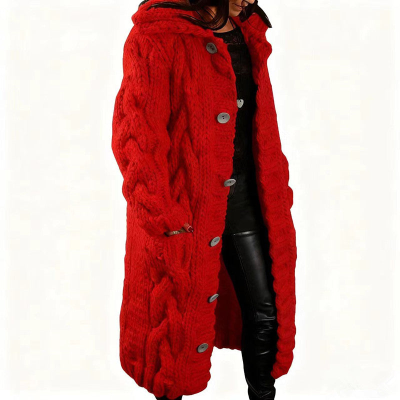 Women's Chunky Cable Knit Hooded Long Cardigan Plus Size