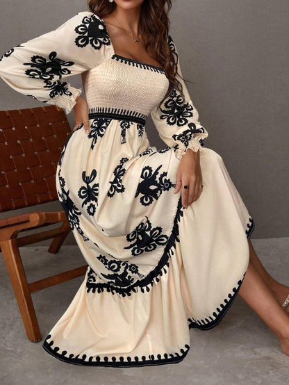 Square Neck Smocked Long Puff Sleeve Maxi Dress Boho Print