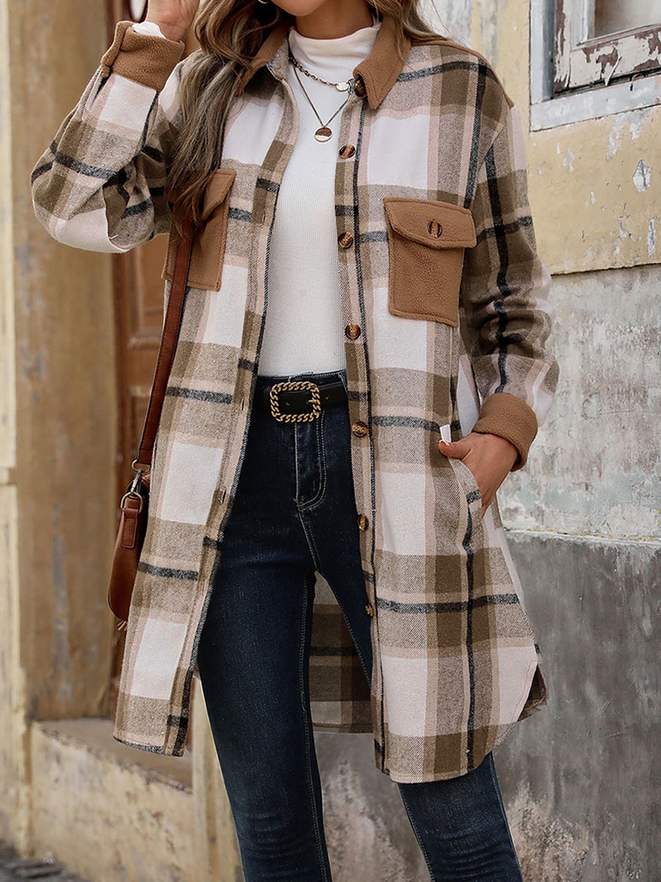 Plaid Shirt Jacket for Women - Long Button Front Coat