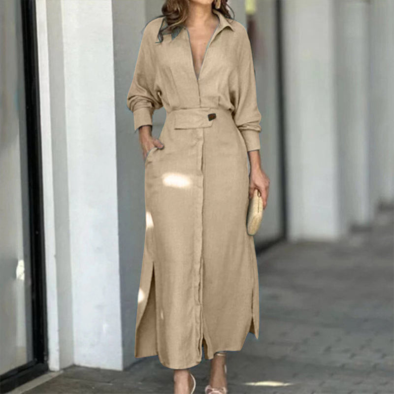 Women's Belted Maxi Shirt Dress Long Sleeve