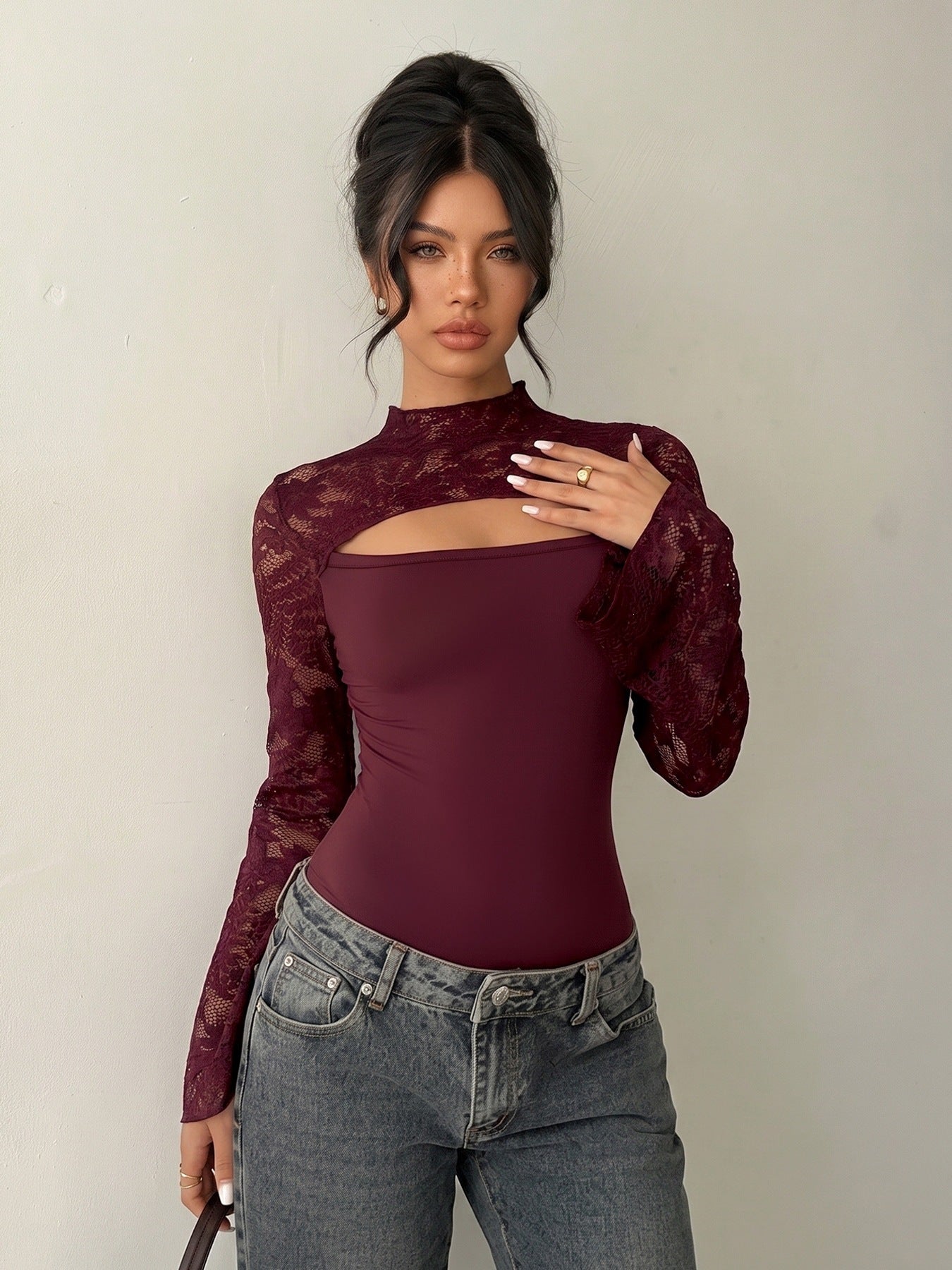 Lace Cutout Bodysuit Mock Neck Flare Sleeve Fitted Top
