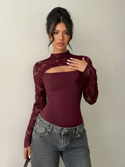 Lace Cutout Bodysuit Mock Neck Flare Sleeve Fitted Top