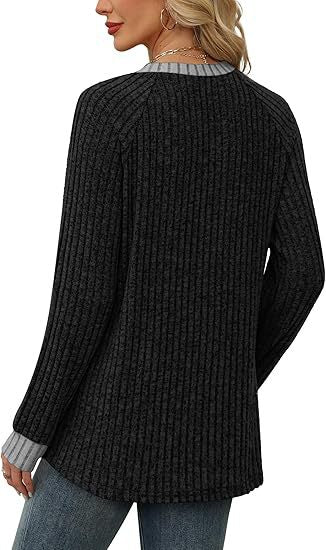 Women's Soft Ribbed Contrast Trim Long Sleeve Crew Neck Top