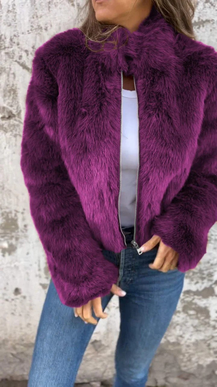 Women's Faux Fur Zip Up Jacket High Neck Winter