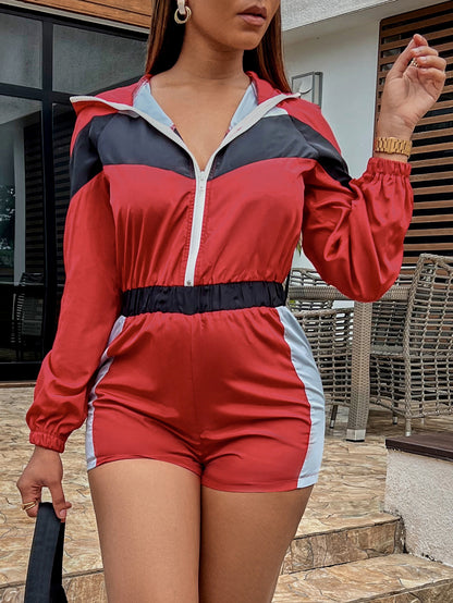 Splicing Contrasting Zipper Jumpsuit Shorts