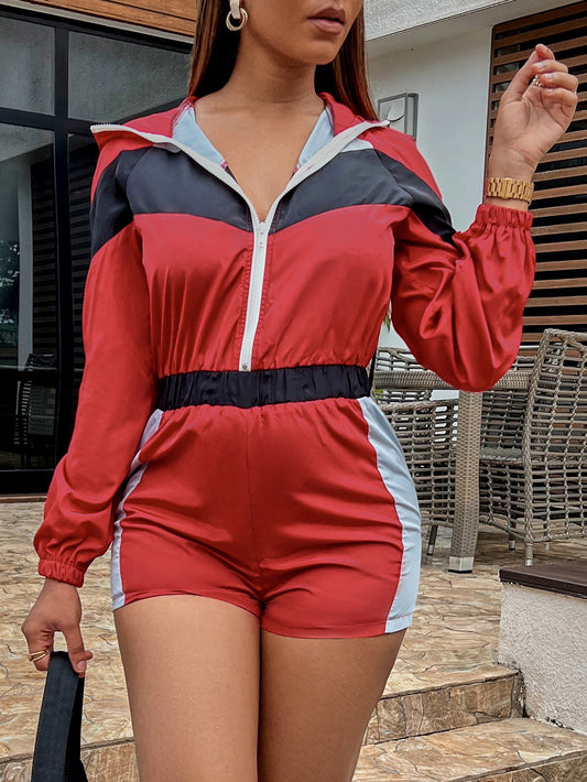 Splicing Contrasting Zipper Jumpsuit Shorts