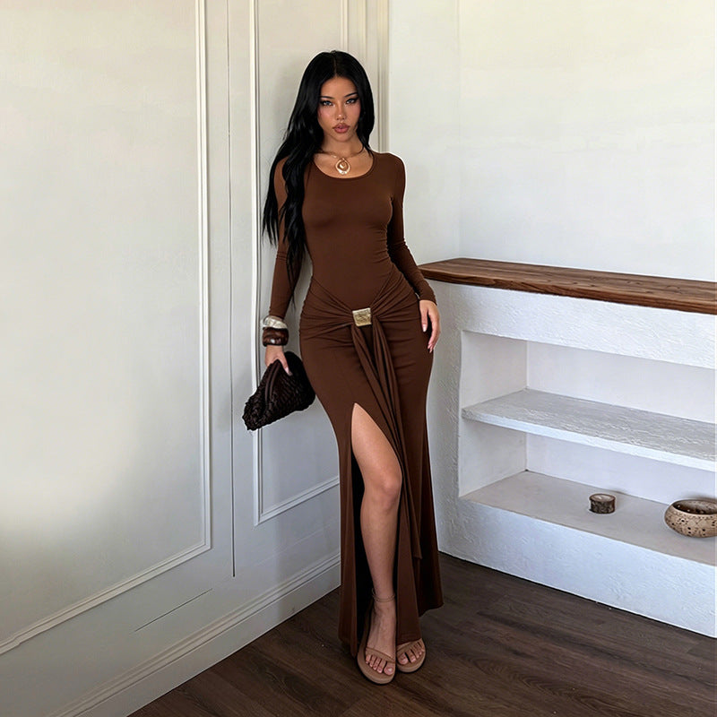 Sexy Long Sleeve Bodycon Maxi Dress Gold Buckle Slit