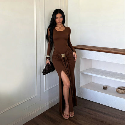 Sexy Long Sleeve Bodycon Maxi Dress Gold Buckle Slit