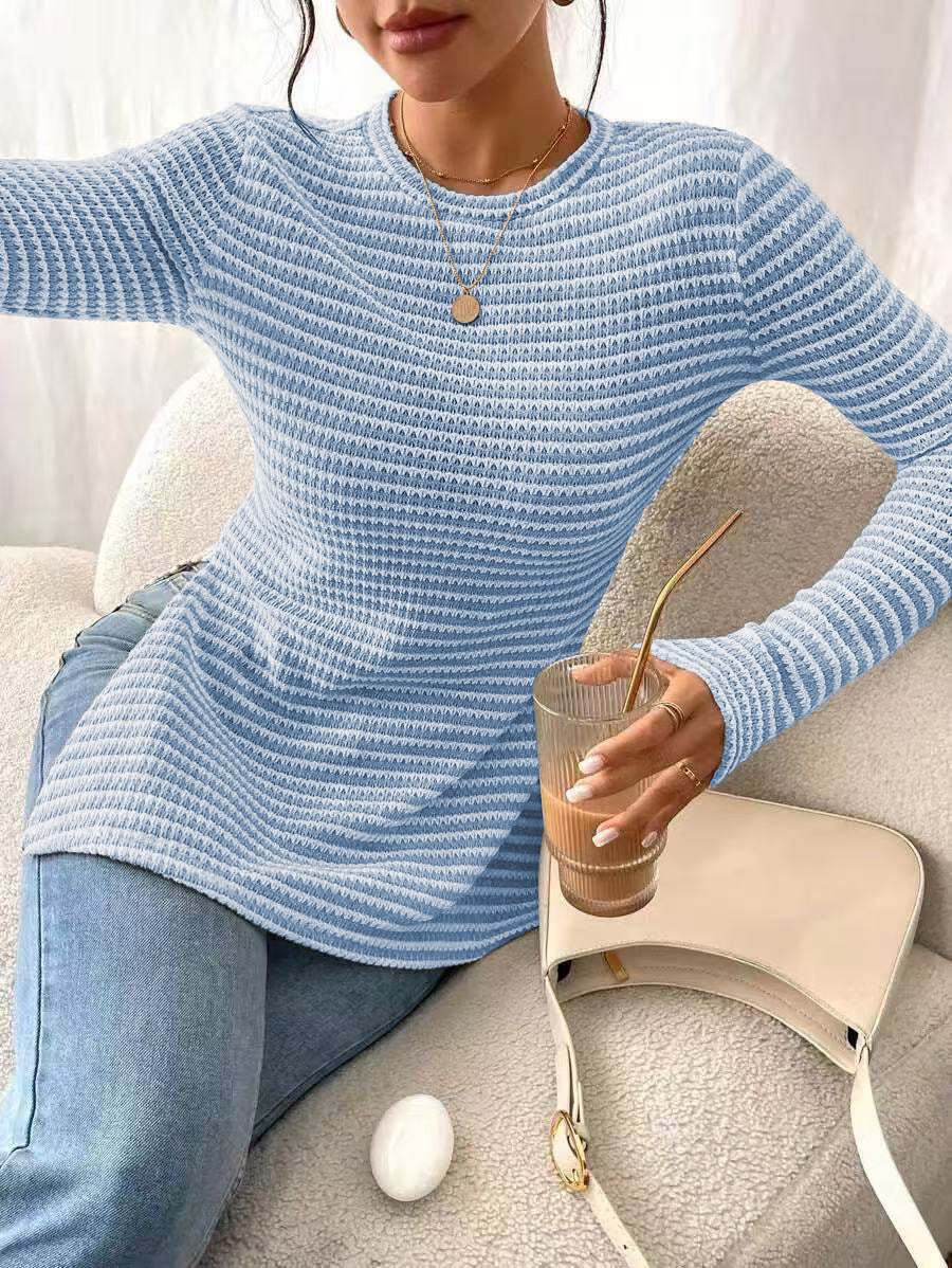 Striped Ribbed Knit Long Sleeve Side Slit Casual Top