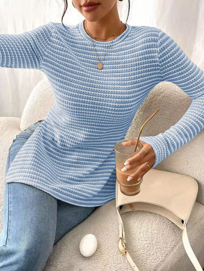 Striped Ribbed Knit Long Sleeve Side Slit Casual Top