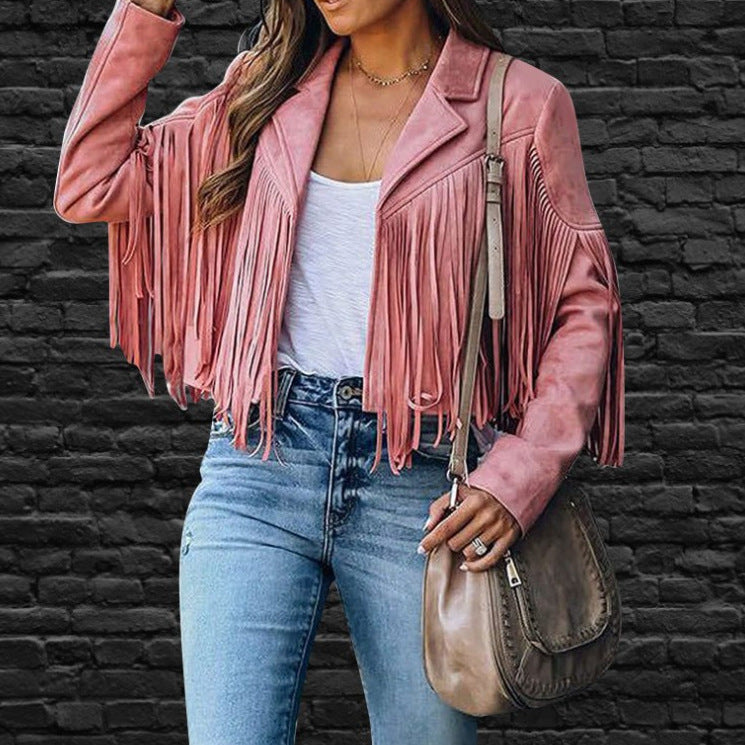 Women's Faux Suede Fringe Jacket Long Sleeve Lapel