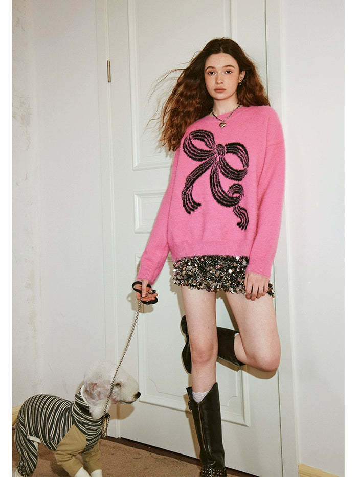 Oversized Bow Fuzzy Knit Crew Neck Sweater