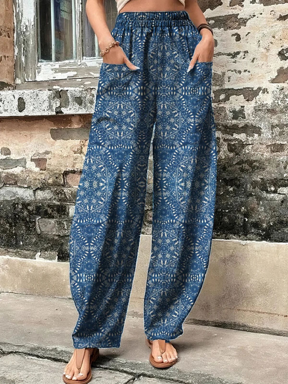 Women's Boho Printed Wide Leg Pants with Pockets