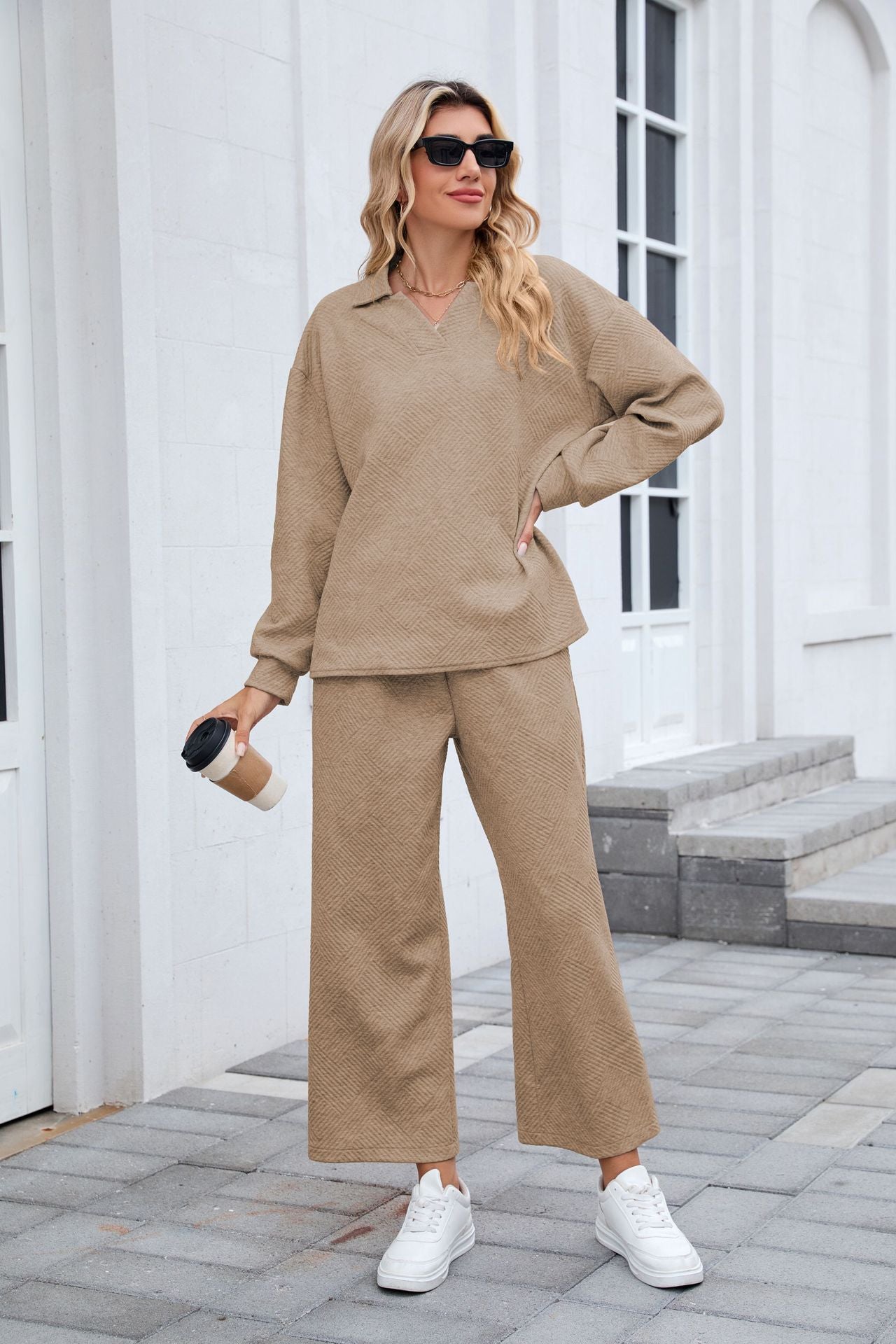Women's Lounge Set Long Sleeve Collar Top Wide Leg Pants