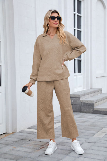 Women's Lounge Set Long Sleeve Collar Top Wide Leg Pants