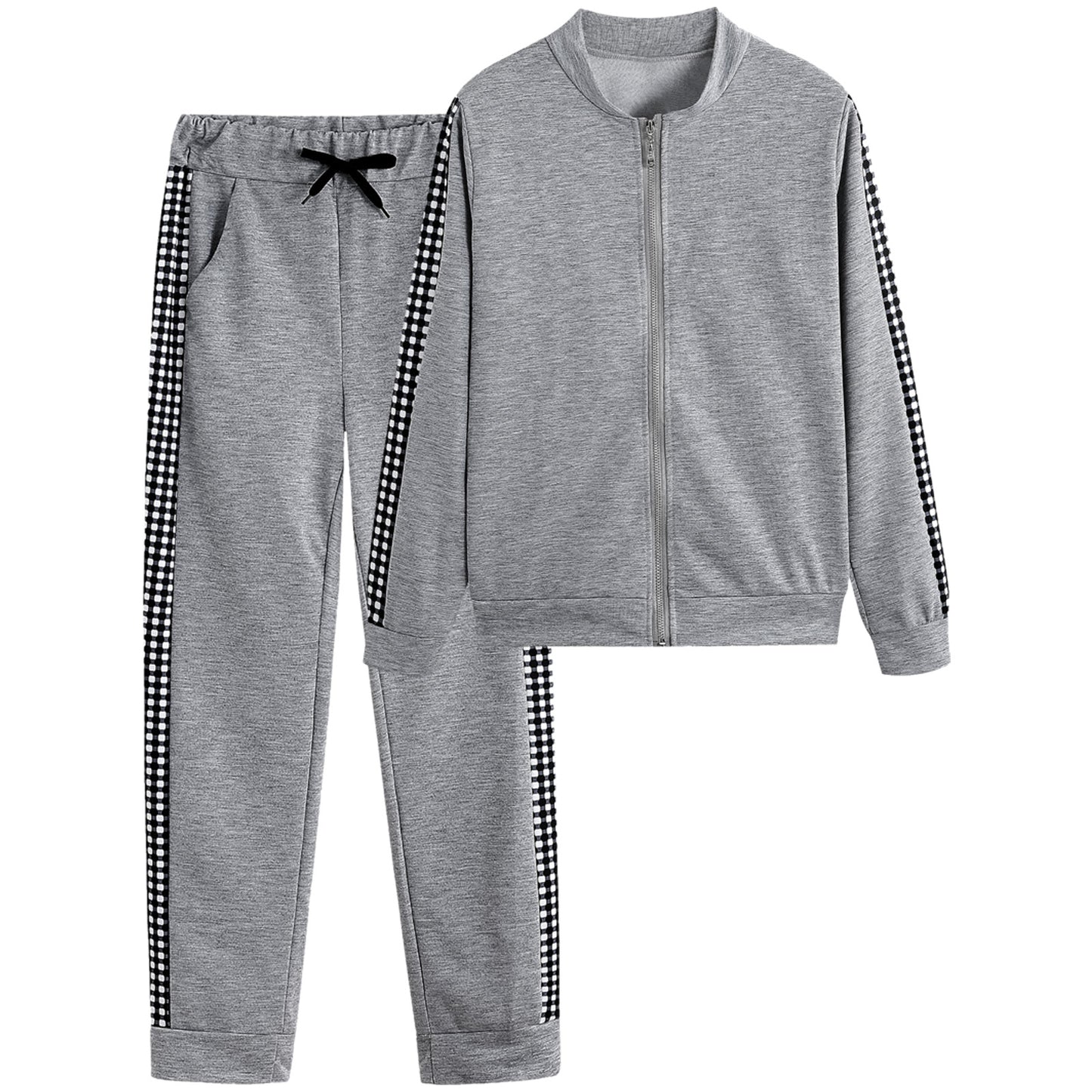 Women's Houndstooth Patchwork Zip-Up Tracksuit Set