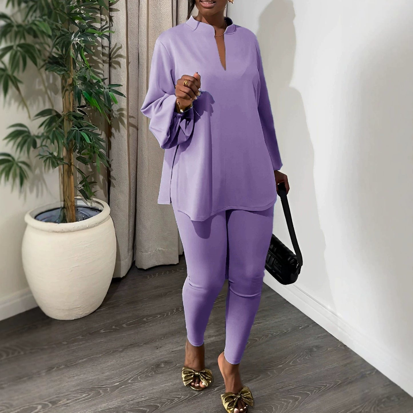 Boho Knit Split V-Neck Top & Leggings Two Piece Set