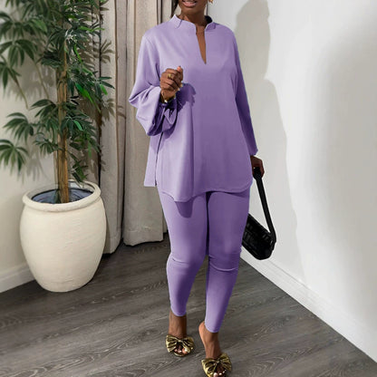 Boho Knit Split V-Neck Top & Leggings Two Piece Set