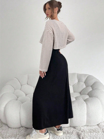 Striped Long Sleeve Two Piece Maxi Skirt Set