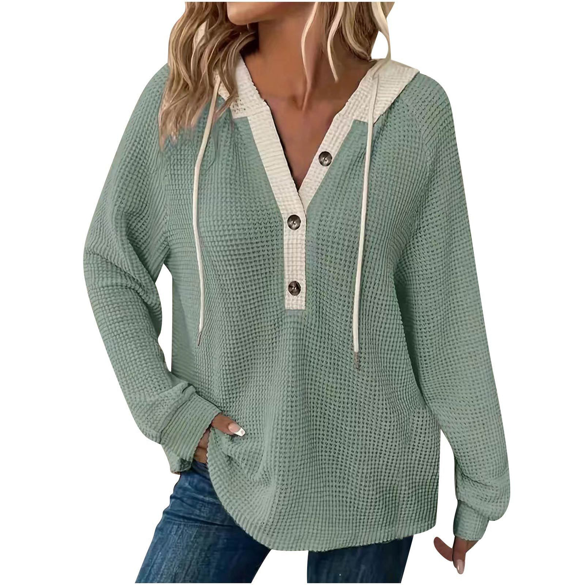 Women's Waffle Knit Color Block Henley Hoodie Long Sleeve