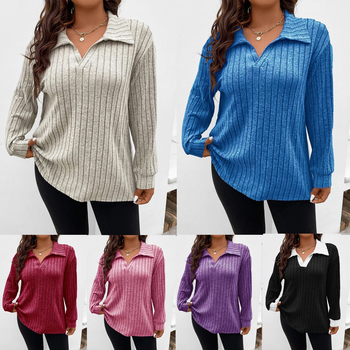 Plus Size Ribbed Long Sleeve Collared V-Neck Tunic Top