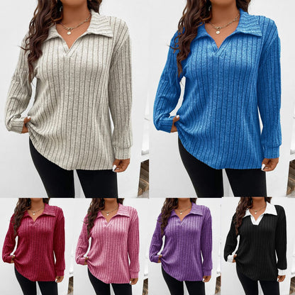 Plus Size Ribbed Long Sleeve Collared V-Neck Tunic Top
