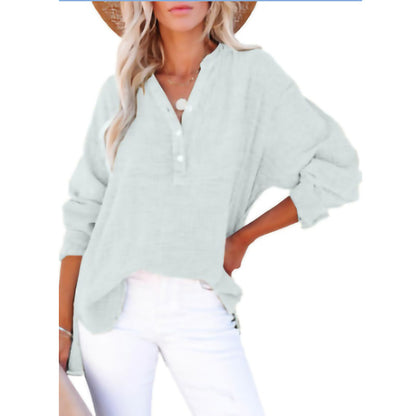 Cotton Gauze Henley Long Sleeve Relaxed Fit Top