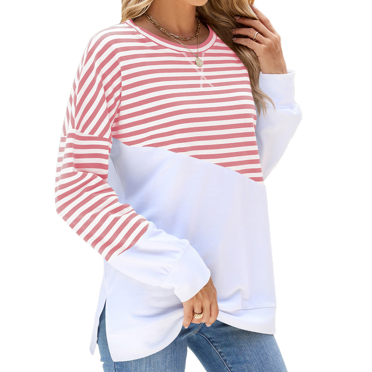 Women's Colorblock Striped Crewneck Sweatshirt Oversized