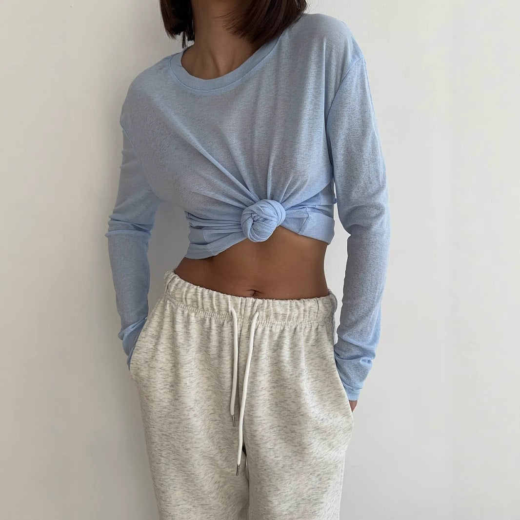 Women's Sheer Slub Long Sleeve Crew Neck Loose Fit Tee