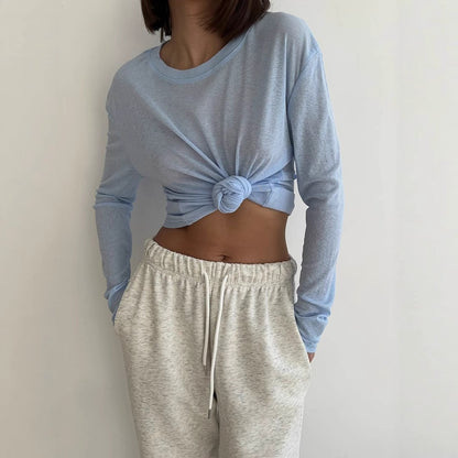 Women's Sheer Slub Long Sleeve Crew Neck Loose Fit Tee
