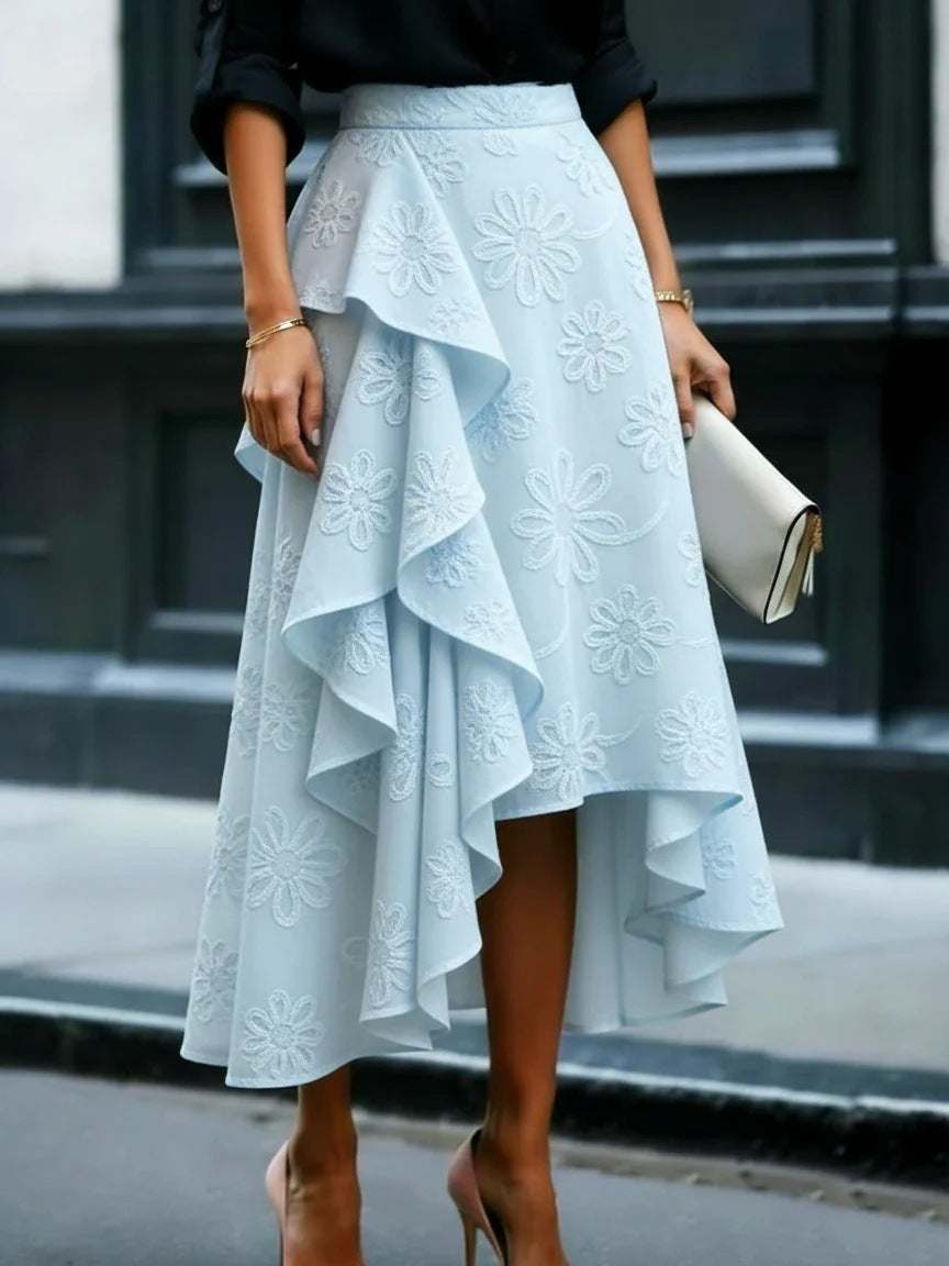 Women's Floral Asymmetrical Ruffle Midi Skirt
