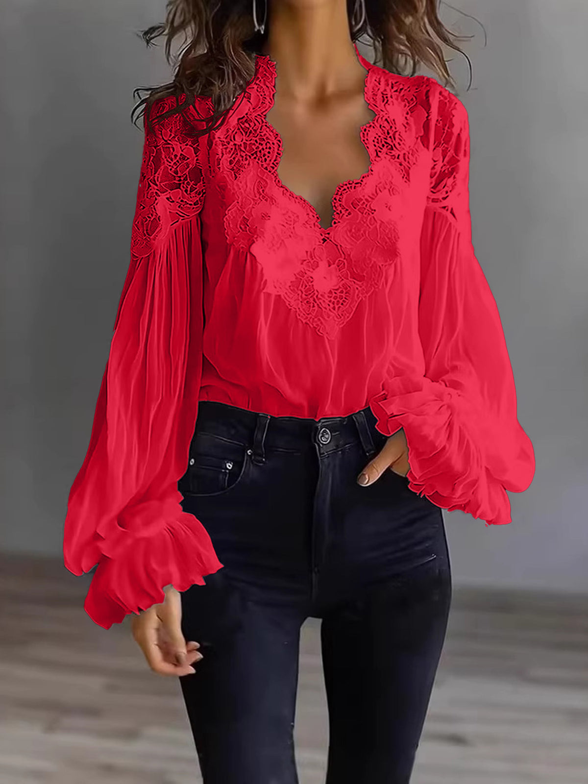 Women's Lace V-Neck Puff Sleeve Pleated Blouse