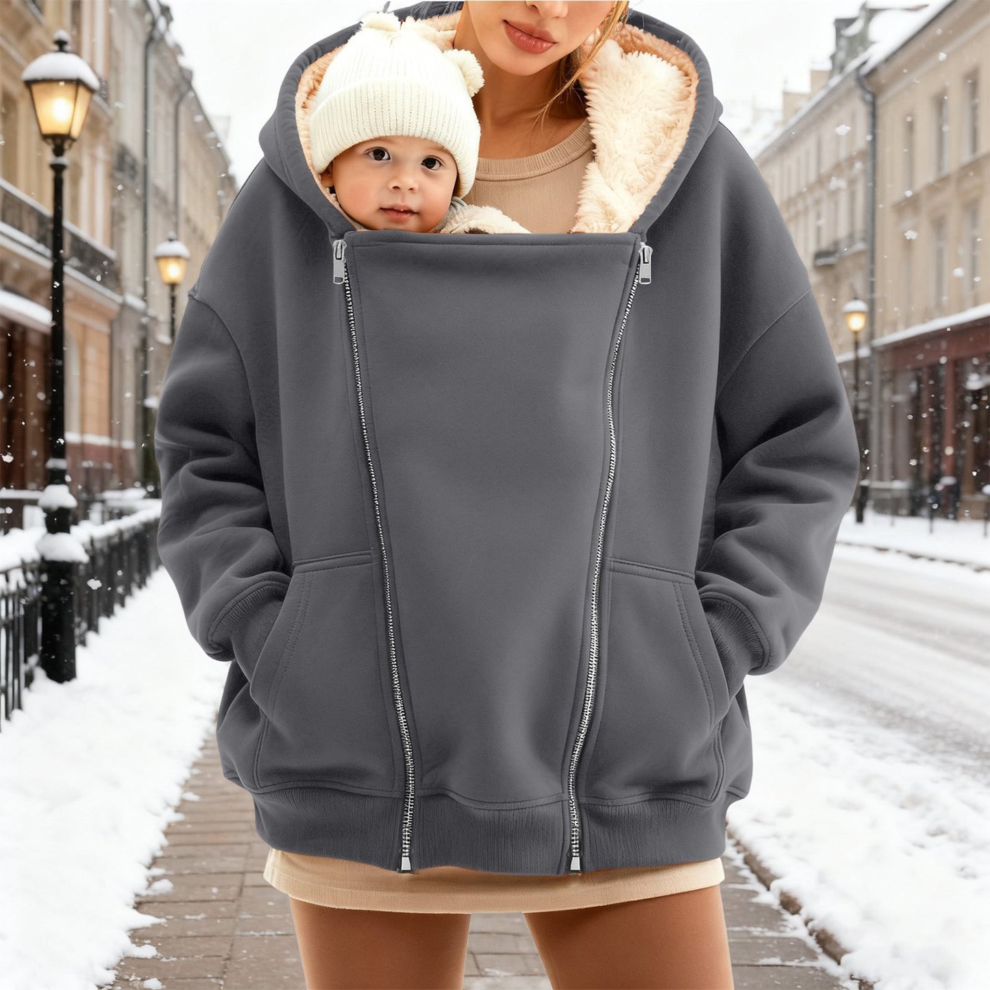 Women's Sherpa Baby Carrier Zip Up Hoodie Kangaroo Pocket