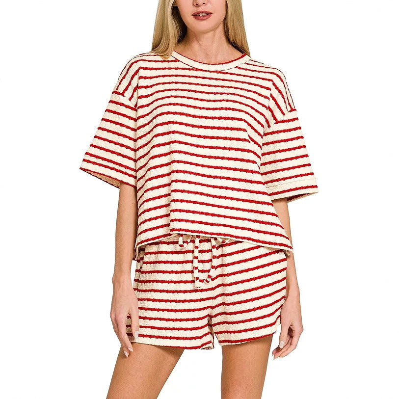 Stripe Textured Knit Lounge Set Casual Shorts Outfit