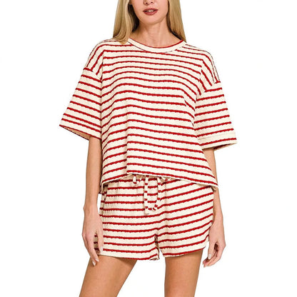 Stripe Textured Knit Lounge Set Casual Shorts Outfit